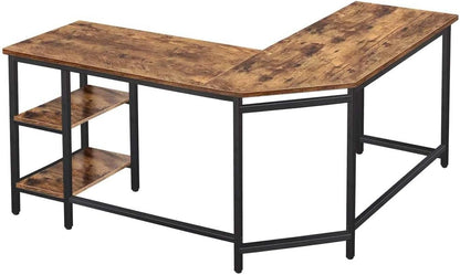 BAKAJI L-vormig hoekbureau met boekenkast met 2 planken, werktafel voor pc, frame van zwart metaal en tafelblad van hout in antieke look, kantoorinrichting, industriële stijl