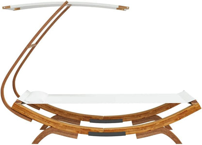 Zonnebad, ligbed met luifel, 100 x 190 x 134 cm, massief gebogen hout, crèmekleurig, ligstoel, voor buiten, strandligstoel, ontspanning, voor tuin, terras, balkon, camping - QUORE