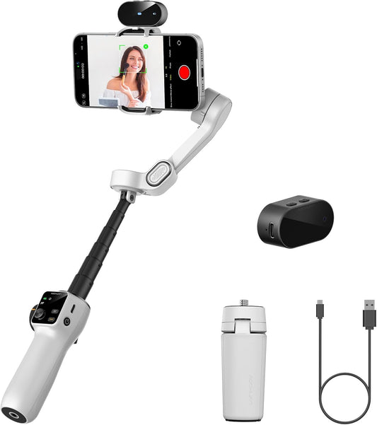 AOCHUAN Gimbal-stabilisator voor video-opname, smartphone 3-assige smartphone-gimbal met AI-trackingsensor voor vlogging, 7,8 inch verlengstang, triggerknop, YouTube Tiktolk (Smart V8 AI wit)