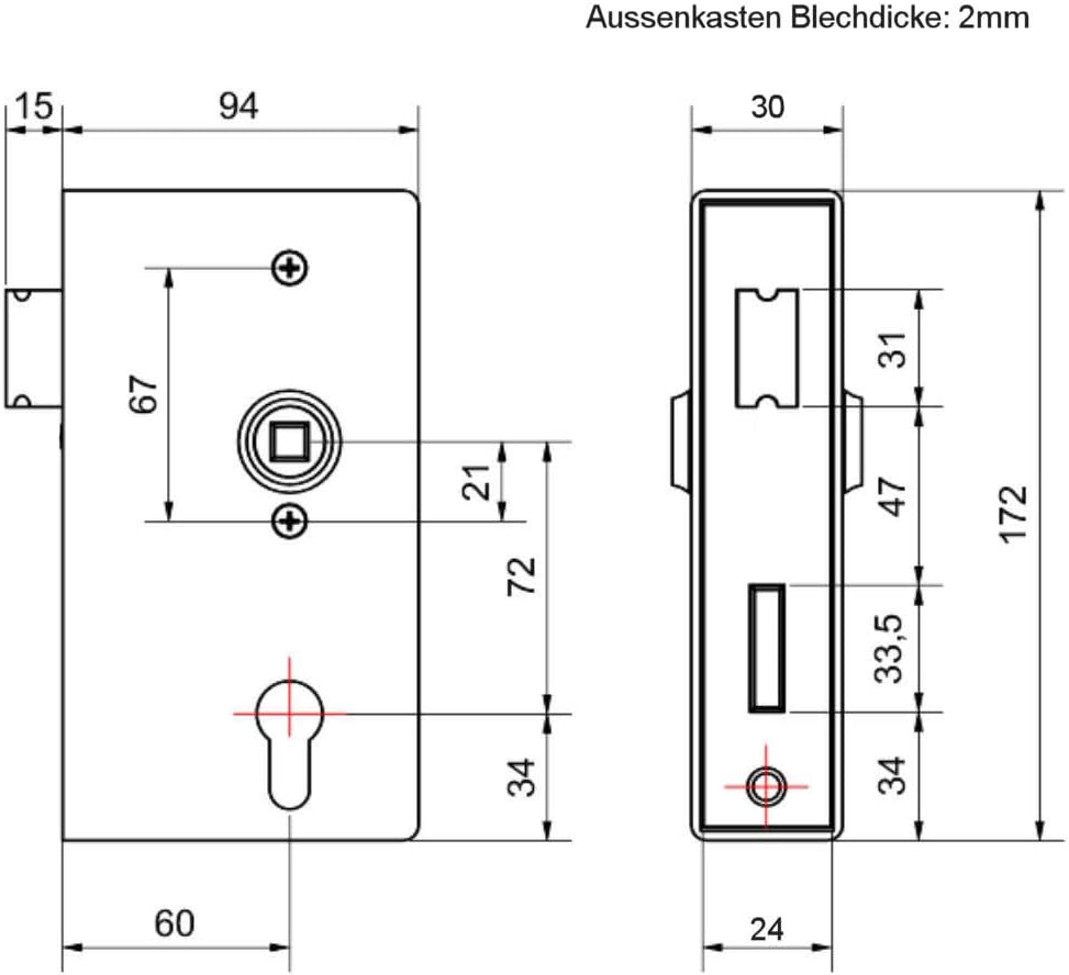 Box slot slot kast 30 mm voor het lassen in tuindeur - complete set - incl. drukknop, korte plaat, PZ profielcilinder