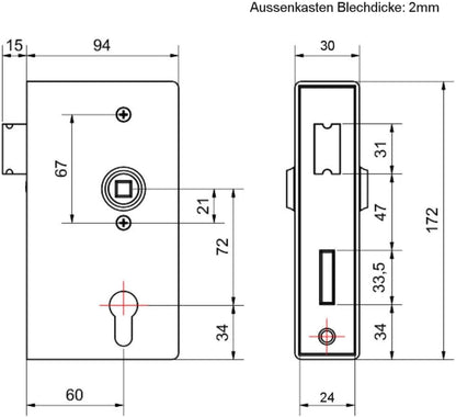 Box slot slot kast 30 mm voor het lassen in tuindeur - complete set - incl. drukknop, korte plaat, PZ profielcilinder