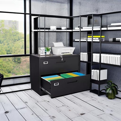 Lateral filing cabinet with lock, large metal filing cabinet with 2 drawers, lockable home office storage cabinet for hanging files Letter/Legal/F4/A4 format assembly required - QUORE