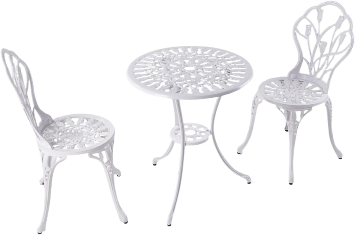 Garden Furniture Set, 3-Piece Aluminium Casting Tavern Set, White, 2 Chairs with Ornament Design and 1 Table, for Balcony and Patio (Tulip White) - QUORE