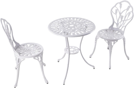Garden Furniture Set, 3-Piece Aluminium Casting Tavern Set, White, 2 Chairs with Ornament Design and 1 Table, for Balcony and Patio (Tulip White) - QUORE