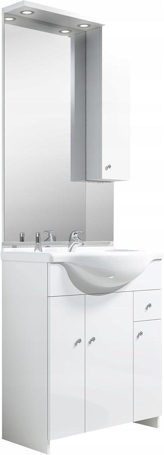 Deftrans Domodomo Bathroom Cabinet with Sink and Mirror, White, 105 cm, Bathroom Cabinet 80 x 80 x 48 cm, Ceramic Bathroom Furniture Set - QUORE