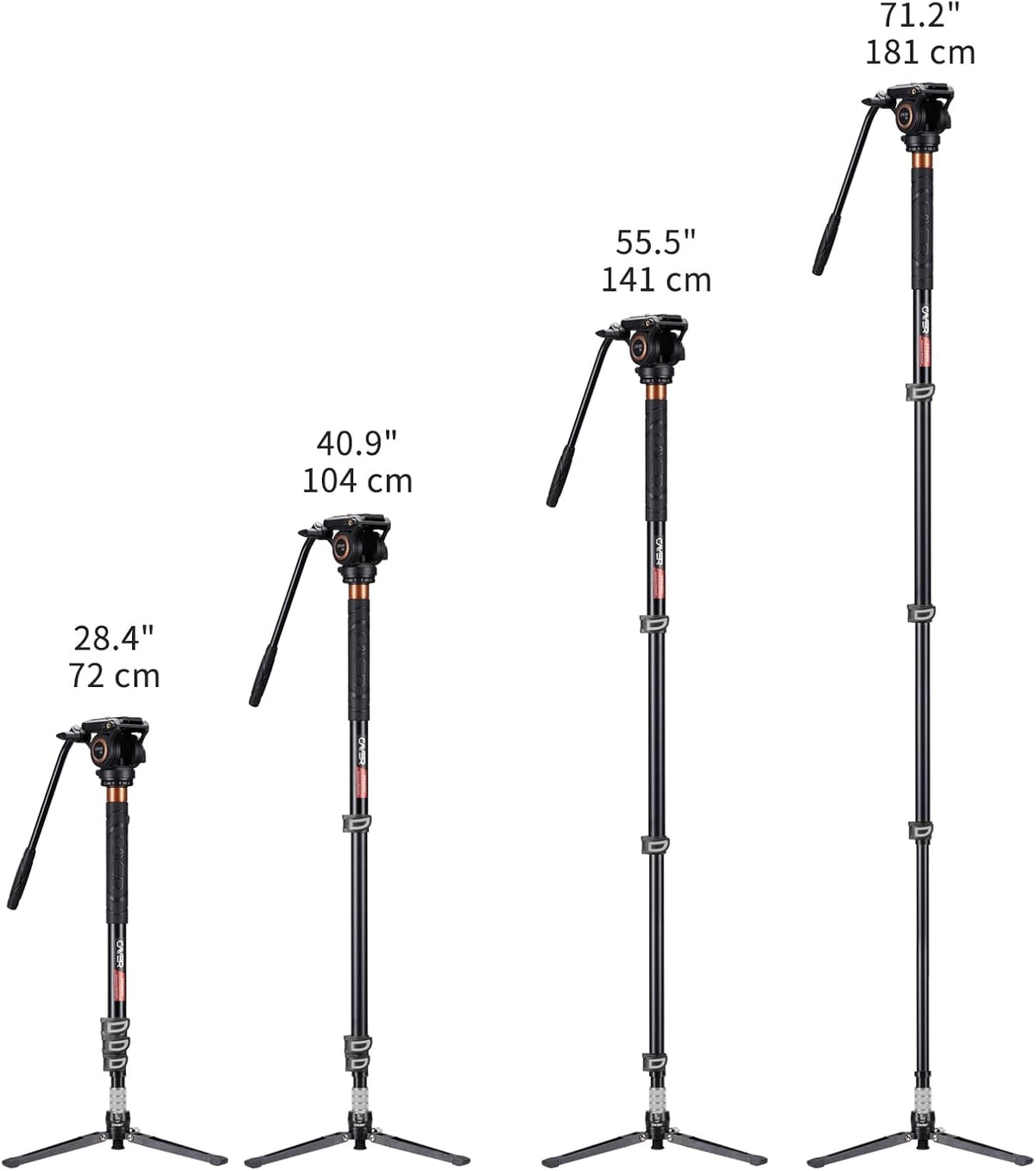 Monopod – Eenbenig statief – Camerastatief – Videostatief – Voor DSLR-camera – Aluminium – Vloeistofkop met 360° pan en verstelbare hoogte 70-180 cm