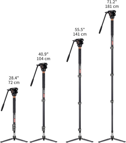 Monopod – Eenbenig statief – Camerastatief – Videostatief – Voor DSLR-camera – Aluminium – Vloeistofkop met 360° pan en verstelbare hoogte 70-180 cm