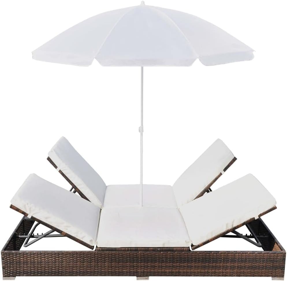 vidaXL Lounge Bed with Parasol Sun Lounger Garden Bed Chair Lounger Garden Furniture Outdoor Furniture Furniture Garden Lounge Furniture Poly Rattan Brown - QUORE