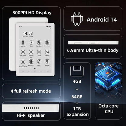 Bigme B6 6-inch E-Paper-tablet, Mini E-Book-Reader, Android 14 met 4 GB + 64 GB geheugen, wit