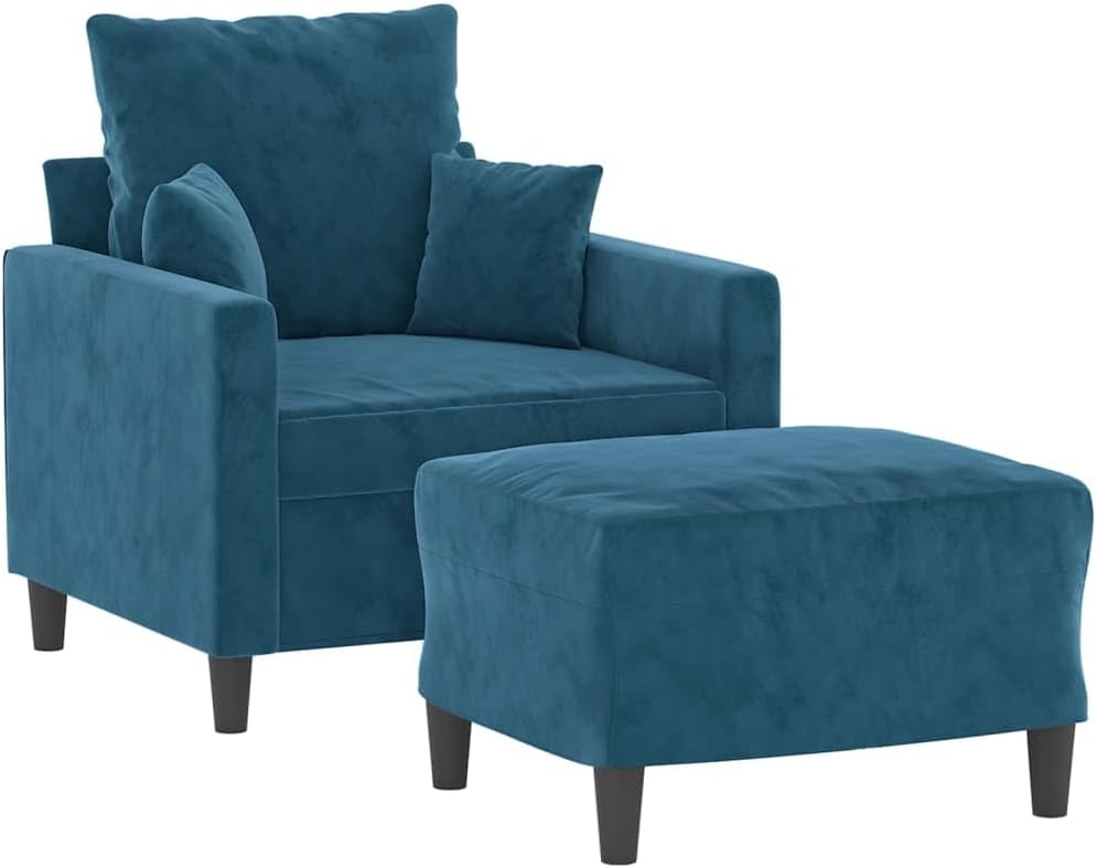 Fauteuil met poef, blauw, 60 cm, fluwelen gestoffeerde stoel, relaxstoel voor woonkamer, comfortabele stoel met dik gevoerde zitting en voetenbank, robuust frame van multiplex