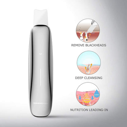Ultrasone scrubber voor het gezicht – Gezichtsscrubber – Huidspatel – Gezichtsreiniger – Mee-eter Verwijderaar – Zilverkleurig – 26.000 Trillingen Per Seconde – Draadloos Opladen