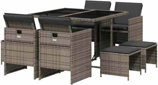 vidaXL 9-Piece Garden Set with Cushions Poly Rattan Grey, Lounge Set, Garden Bench, Lounge Set, Garden, Garden Table, Lounge Sofa, Lounge Sofa Garden, Lounge Set Outdoor - QUORE