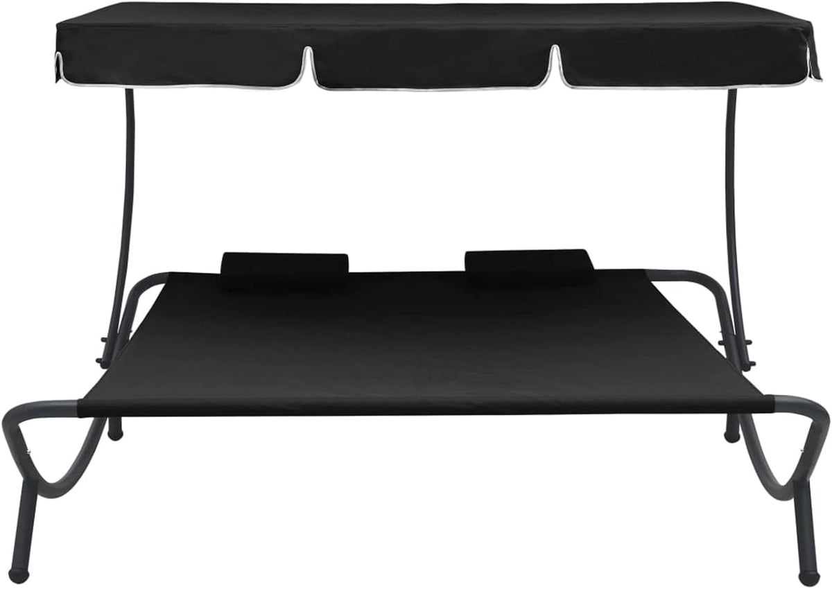 Gecheer Outdoor Sun Lounger with Awning and Cushion Black Outdoor Sunbathing Beach Lounger Relaxation Camping Balcony Pool - QUORE