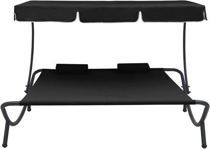 Gecheer Outdoor Sun Lounger with Awning and Cushion Black Outdoor Sunbathing Beach Lounger Relaxation Camping Balcony Pool - QUORE