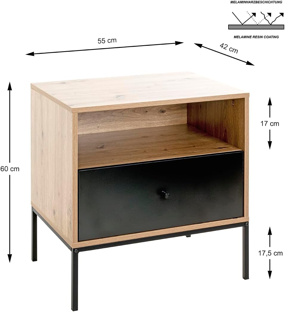 HAKU Console eiken, zwart, MDF, metaal - Maat: B 55 cm x H 60 cm x D 42 cm, Stijl: Modern