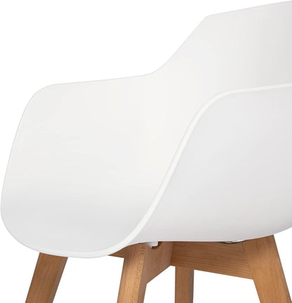 EGGREE Set van 4 eetkamerstoelen met poten van massief beukenhout, retro design, keukenstoelen van hout, wit, woonkamerstoel met armleuningen