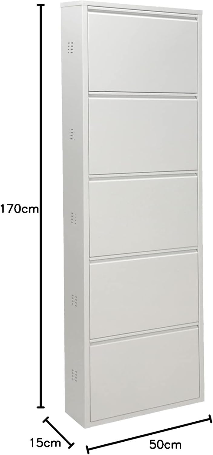 DRW Schoenenkast met 5 laden van metaal met ventilatieopeningen, wit, 50 x 15 x 170 cm