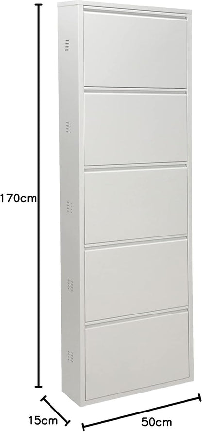 DRW Schoenenkast met 5 laden van metaal met ventilatieopeningen, wit, 50 x 15 x 170 cm