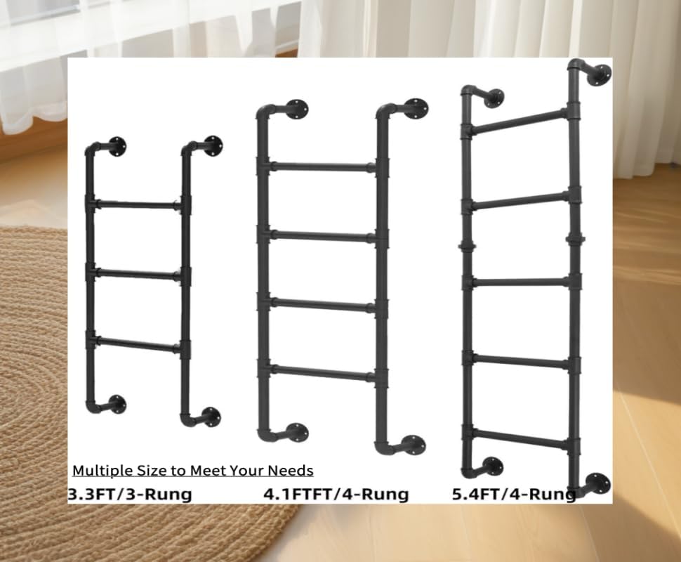 5-Treedage Stapelbedladder, 1,65×0,46M Muurmontage Kelderraamput Egress, Zwart Smeedijzeren Industriële Pijp Stap Belastingen 150kg, Binnen Buiten Metaal voor Zolder Loft Slaapzaal RV Dek Muur(1,65M