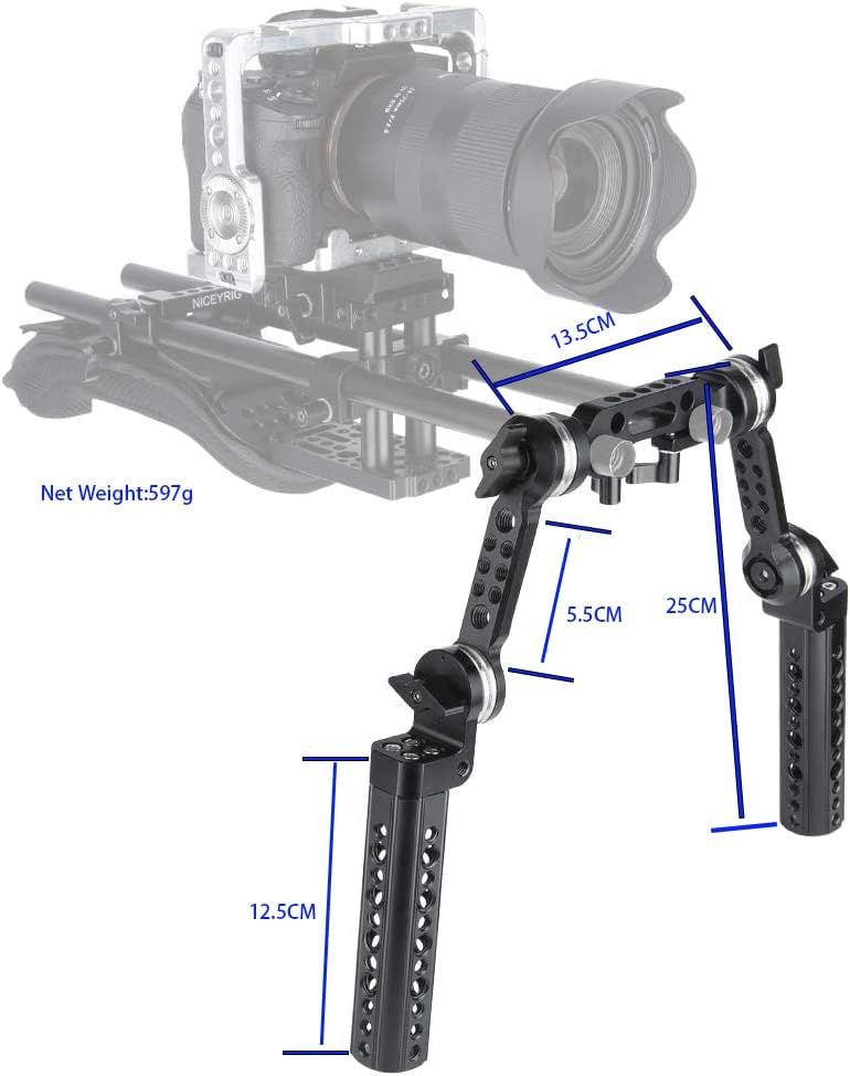 Rozet handgreep kit – Camera handgreep – Camera rig handvat – Schouderrig handvat – Grip voor videorig – Met verlengarm en 15 mm staafklem – 145 mm handgreep van aluminiumlegering