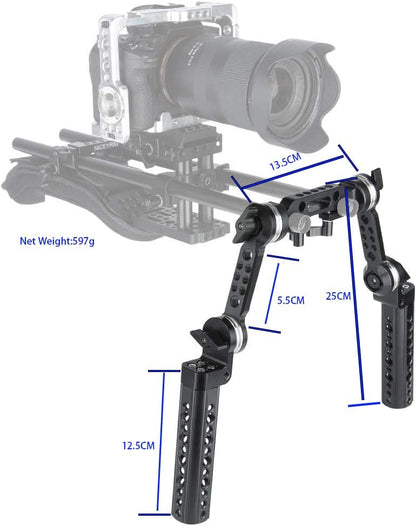 Rozet handgreep kit – Camera handgreep – Camera rig handvat – Schouderrig handvat – Grip voor videorig – Met verlengarm en 15 mm staafklem – 145 mm handgreep van aluminiumlegering