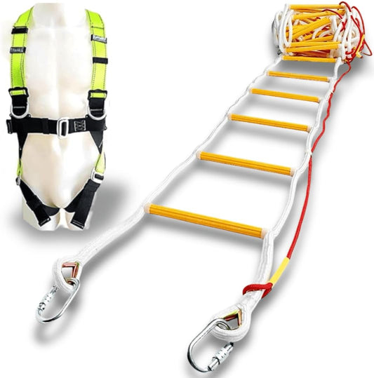 Balkonontsnappingsladder 4 verdiepingen | 10 m hoogte noodkabelladder met volledige lichaamsgordel en veiligheidskoord | hangladder