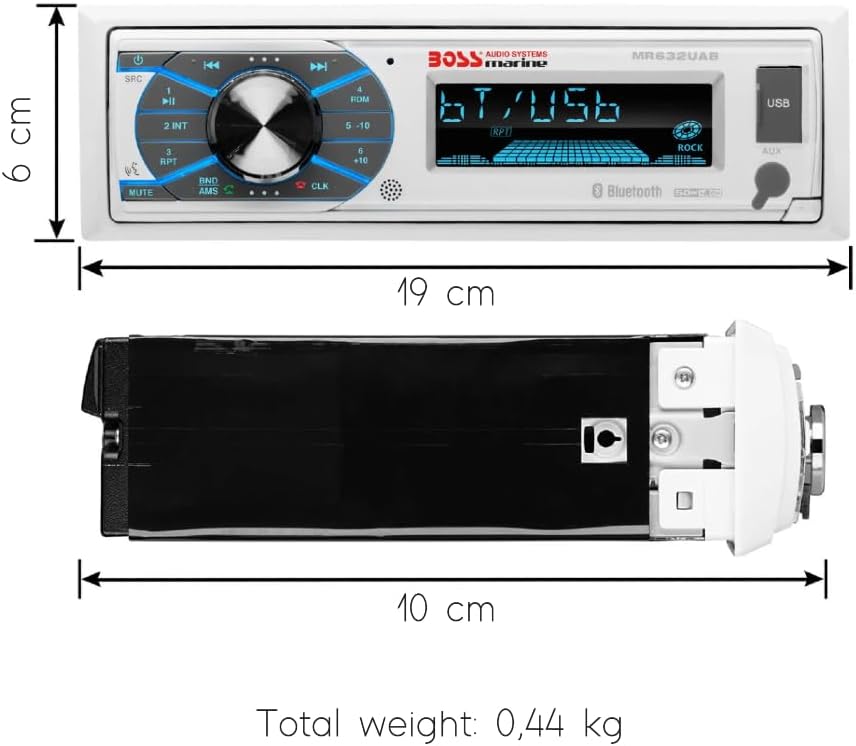 KIT SET MARINE VOOR BOSS AUDIO SYSTEMS MCK632WB.6 met MR632UAB AM/FM bluetooth stereo-ontvanger, een paar MR6W-luidsprekers, 90 watt rms 180 watt max, MRANT10 dipoolantenne, 1 kit + accessoires