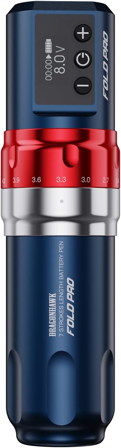 Dragonhawk Fold Pro Wireless Tattoo Maschine Pen Battery Tattoo Pen Rotary Pen Maschine with Battery Adjust Stroke Length 2.4 to 4.2mm (BLUE)