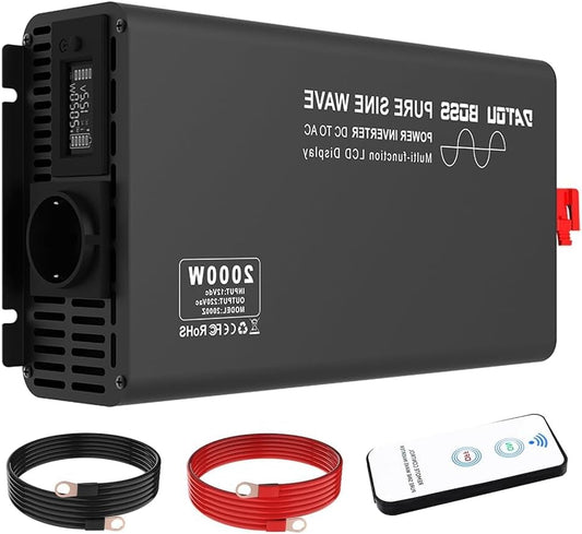 Pure Sine Wave Omvormer – Spanningsomzetter – Inverter – Converter – stroomomzetter – 12V naar 230V – 2000W Continu Vermogen – Afstandsbediening Met LCD-display - QUORE