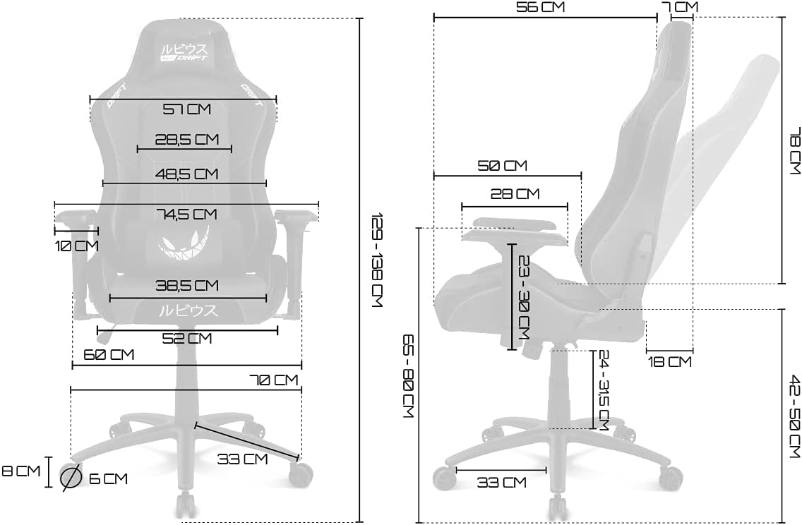 DRIFT GAMING Chair „elRubius” -DR250RU - Officiële elRubius gamingstoel, vlindermechanisme, liggende rug, kunstleer, suède afwerking, 4D-armleuningen, nek- en lendenkussen,74.5 x 129-138 x 56 cm (W x H x D) Zwart/Wit,Zwart/Wit