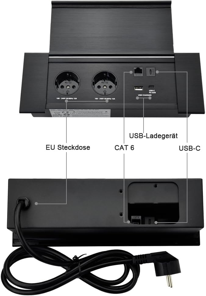 Connectiviteits-box, conferentietafel, power box met 2 stopcontacten + 1 USB-A en type C-oplader + 1 CAT6+ 1 HDMI/USB-C data (zwart) (flip up)