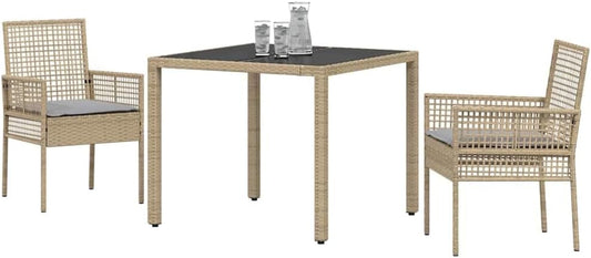 vidaXL Tuin eettafelset 3 pcs Beige poly rattan, Tuin en Terras, Modern Buiten Eetset, Stevige Poly Rattan meubels, Glazen Tafel, Lounge Groep, Zitplekken - QUORE