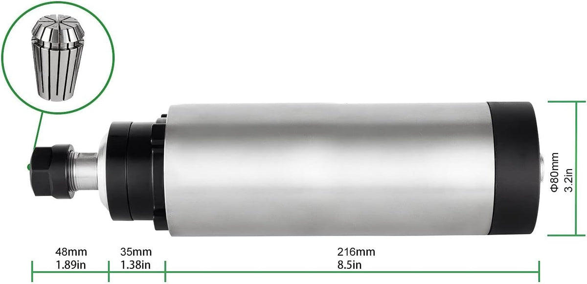 CNC-spindelmotorset, 220 V, 2,2 kW, Φ80 mm, CNC-motor, luchtgekoeld, spindel + 2,2 kW VFD + Φ80 mm klemhouder + ER20-kraag + boorbits + draden voor CNC-routermachine