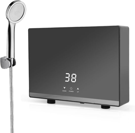 Ownant Mini-doorstroomboiler, elektrische doorstroomboiler, 5500 W, 220 V, mini-instant boiler, doorstroomboiler, tank voor badkamer, keuken (zwart, 5500 W met doucheset)