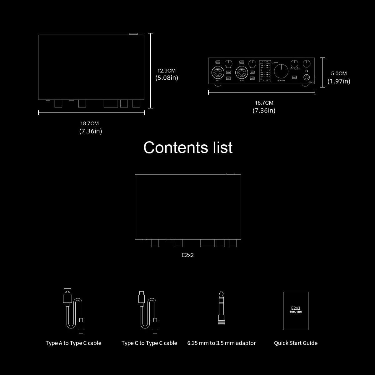 Topping Professional E2x2, USB-audio-interface en ultralineaire microfoonvoorversterkermodule (zwart)
