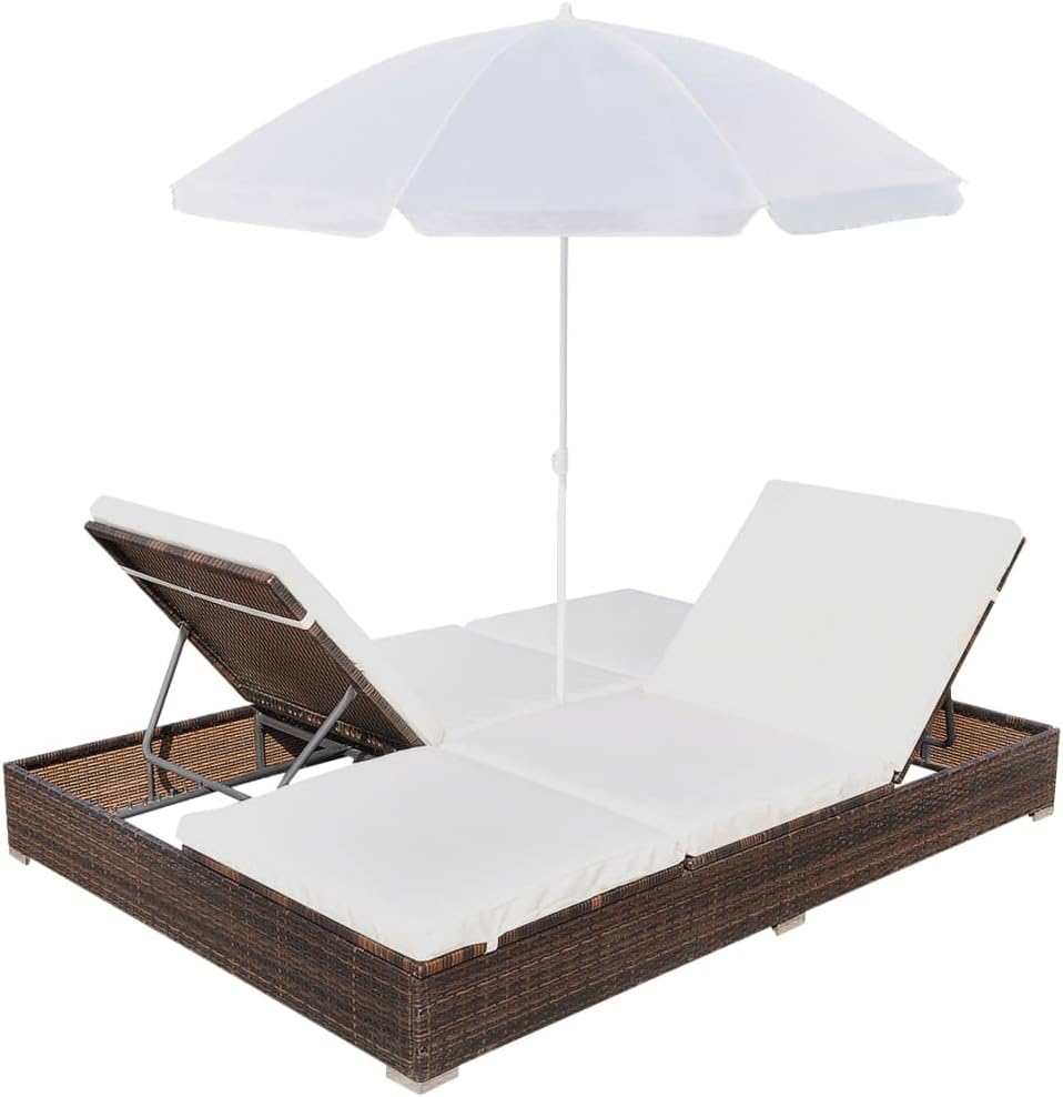 vidaXL Lounge Bed with Parasol Sun Lounger Garden Bed Chair Lounger Garden Furniture Outdoor Furniture Furniture Garden Lounge Furniture Poly Rattan Brown - QUORE