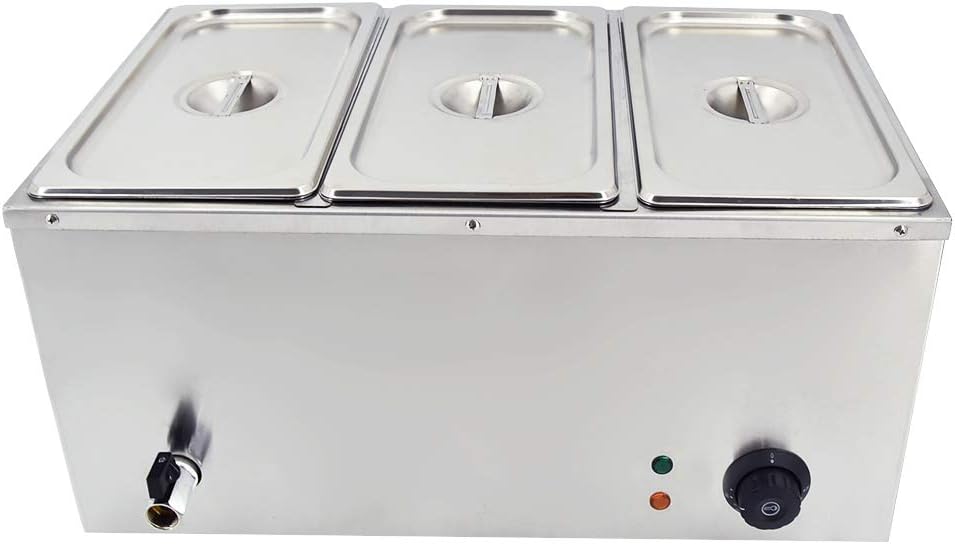 TAIMIKO Bain Marie Elektrische roestvrij staal, 220 V, professioneel, commercieel, met 3 potten, met afvoerkraan, temperatuurregeling
