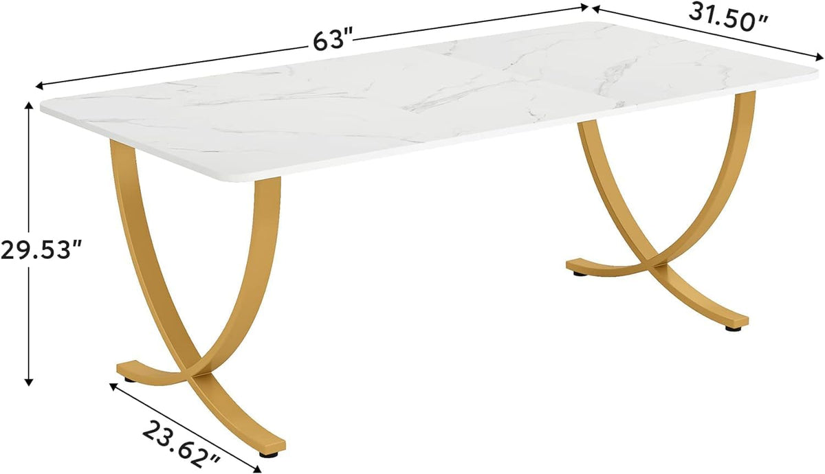 Tribesigns Desk, Computer Table, 160 x 80 x 75 cm, Modern PC Table, Work Table, Dining Table with Artificial Marble Tabletop and Metal Legs for Home Office, Conference Table, White and Gold