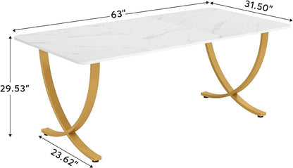 Tribesigns Desk, Computer Table, 160 x 80 x 75 cm, Modern PC Table, Work Table, Dining Table with Artificial Marble Tabletop and Metal Legs for Home Office, Conference Table, White and Gold