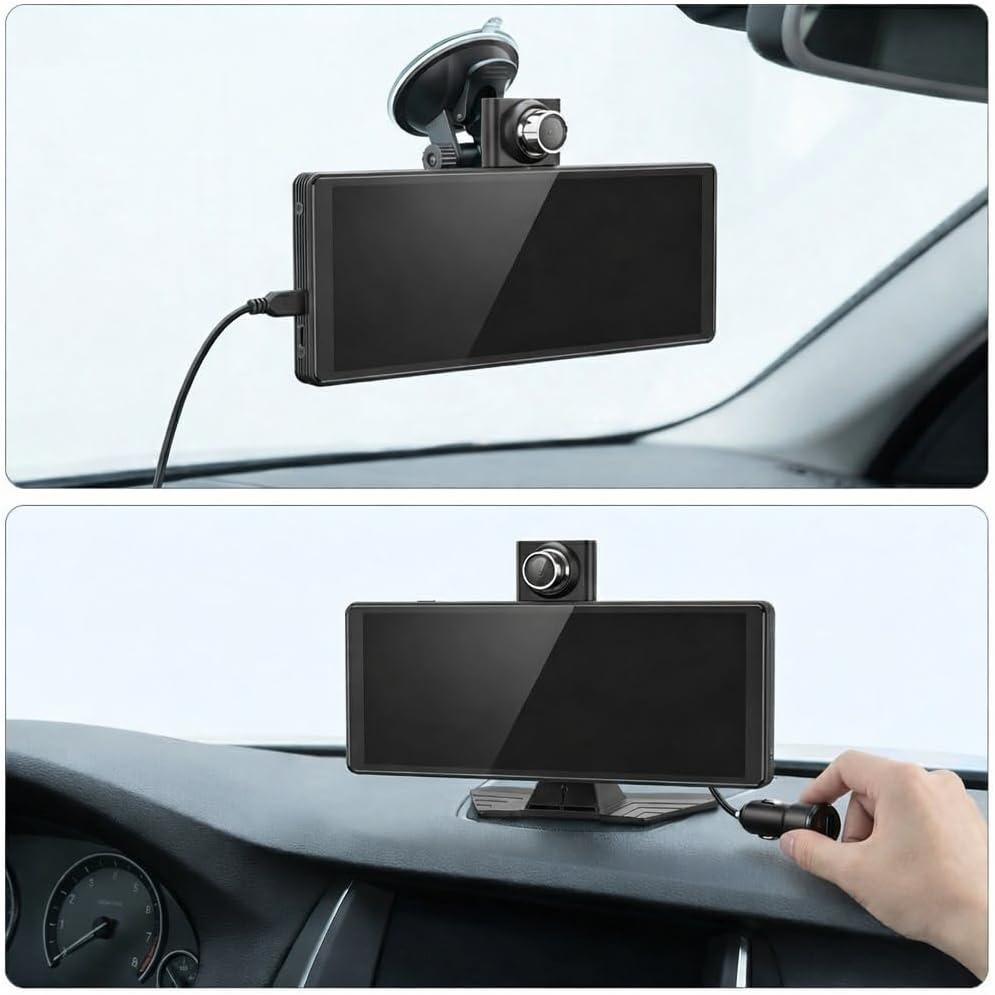 10.26 Inch Draadloos CarPlay Scherm & Android Auto Display - 4K Dashcam & 1080P Achteruitrijcamera - Draagbare Autoradio met Dual Bluetooth, FM, AUX & GPS Navigatie - Inbouwloos & Universeel