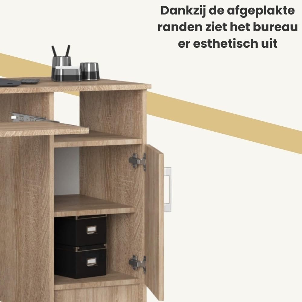 Computer table Ana, desk with 3 drawers, 1 shelf with door, 2 open shelves, 124 x 74 x 52 cm, 45 kg - QUORE