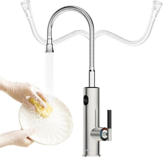 Instant waterverwarmingskraan, 220 V doorstroomboiler, waterkraan voor de keuken, met universele uitloop, roestvrij staal, elektrische verwarmde kraan met digitaal display (zilver)