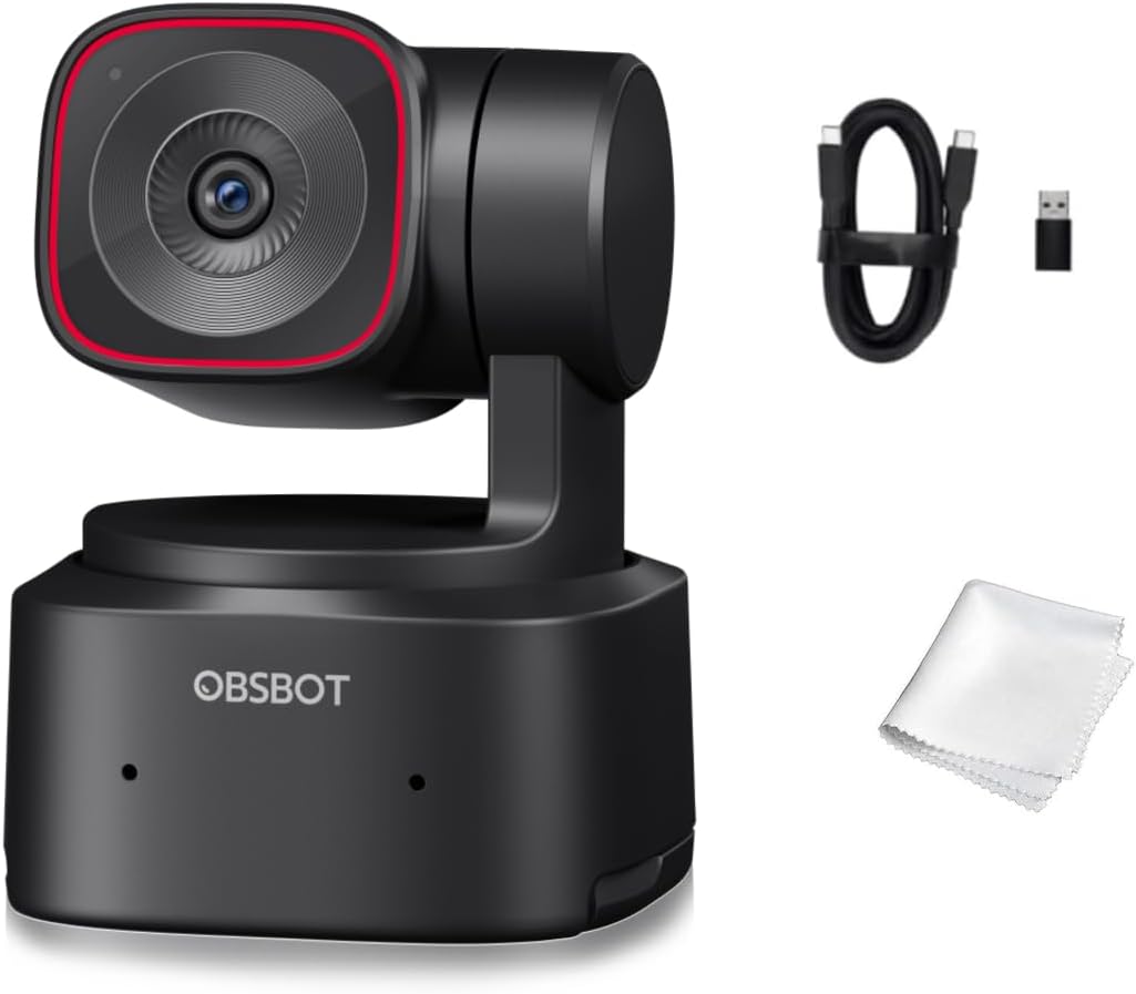 OBSBOT Tiny 2 Lite, PTZ 4K Webcam 1080P @60fps HDR, pc-camera met 4x digitale zoom, KI-tracking, microfoon, 1/2 inch sensor, gebarenbediening, autofocus, USB2.0, plug & play, voor pc, conferenties,