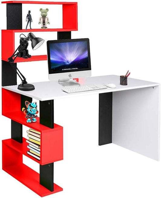 BAKAJI Bureau met dubbele boekenkast, 7 planken, werktafel, pc-computer, frame en tafelblad van MDF-hout, meubels voor thuis, kantoor, slaapkamer, modern design, 120 x 60 x 148 cm (rood)