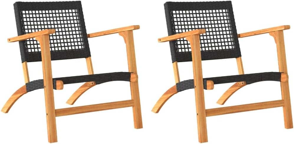365868 Garden Chairs, Pack of 2 Acacia Wood and Synthetic Rattan, Black Garden Chair, Patio Chairs - QUORE