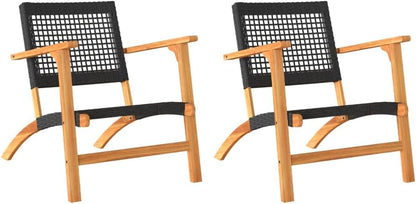 365868 Garden Chairs, Pack of 2 Acacia Wood and Synthetic Rattan, Black Garden Chair, Patio Chairs - QUORE