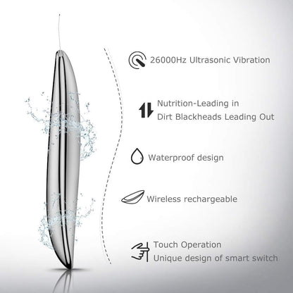 Ultrasone scrubber voor het gezicht – Gezichtsscrubber – Huidspatel – Gezichtsreiniger – Mee-eter Verwijderaar – Zilverkleurig – 26.000 Trillingen Per Seconde – Draadloos Opladen
