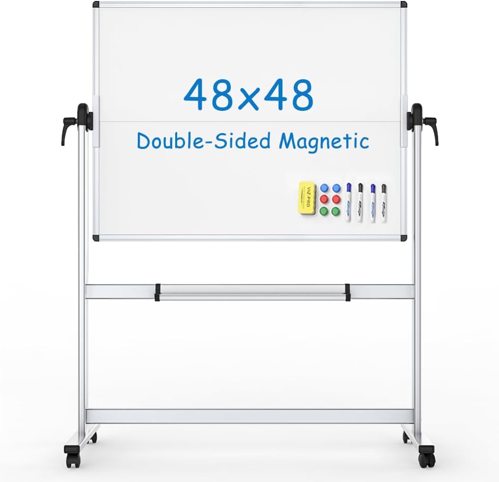 VIZ-PRO Dubbelzijdig mobiel whiteboard, 112 x 112 cm, magnetisch rollend droog wisbaar wit bord op wielen met aluminium frame en standaard