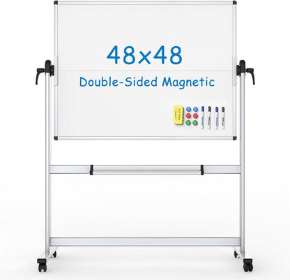 VIZ-PRO Dubbelzijdig mobiel whiteboard, 112 x 112 cm, magnetisch rollend droog wisbaar wit bord op wielen met aluminium frame en standaard