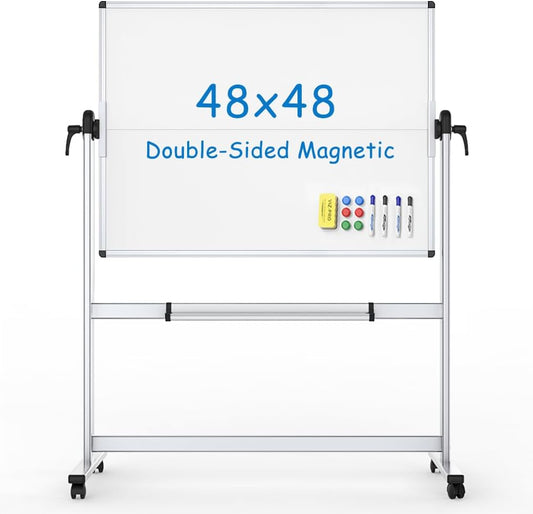 VIZ-PRO Dubbelzijdig mobiel whiteboard, 112 x 112 cm, magnetisch rollend droog wisbaar wit bord op wielen met aluminium frame en standaard